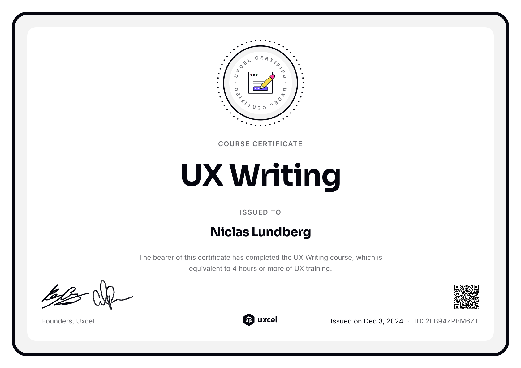 Niclas Lundberg's certificate